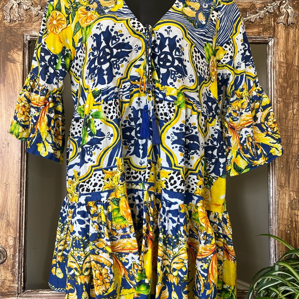 Antica Santoria Vibrant Lemon Dress Cover Up with‎ Bell Sleeves
